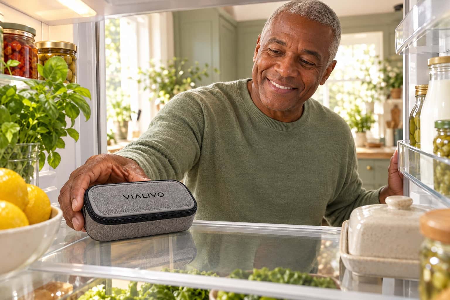 A person sets a grey Vialivo Crate 8 on a fridge shelf