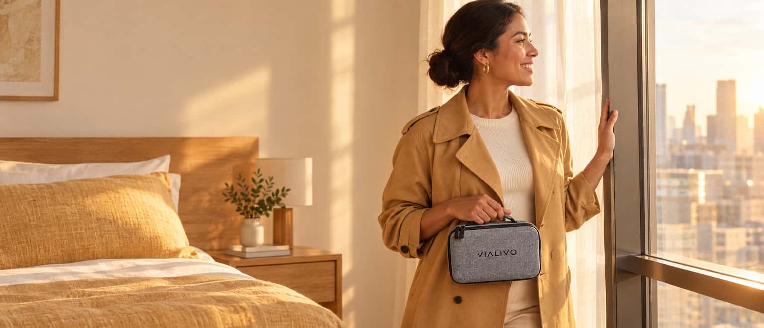 A person in a trench coat holds a grey Vialivo Crate 10 by its handle at a hotel window