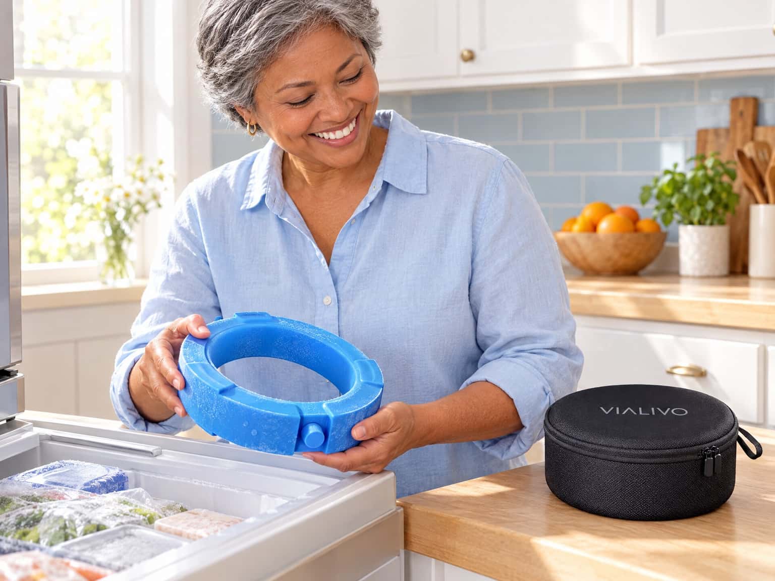 A person lifts a blue freeze ring from a chest freezer, a black Vialivo Ring case on the counter